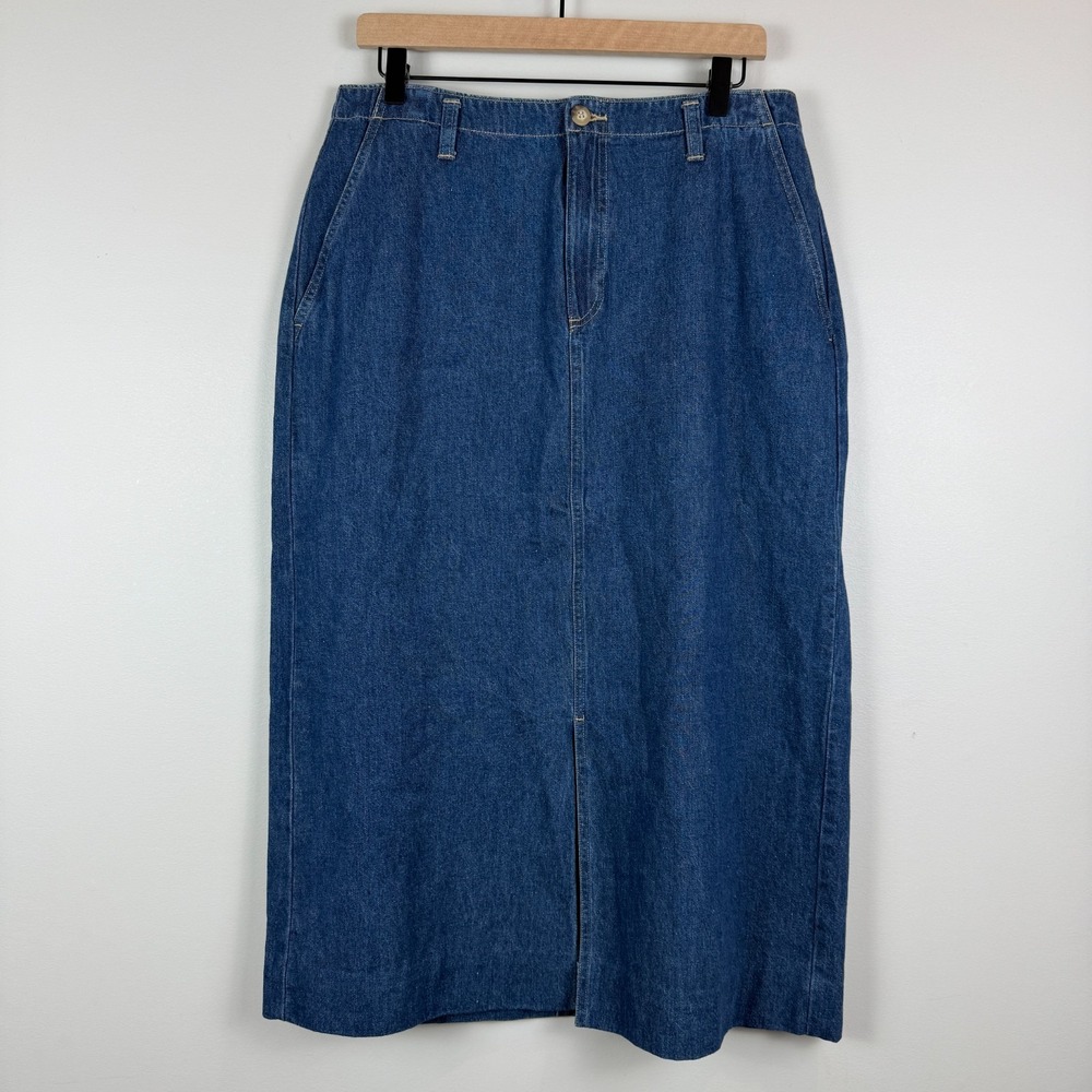 Vtg St john's Bay Midi Denim Skirt Women's 14 Blue Front Slit Straight Western